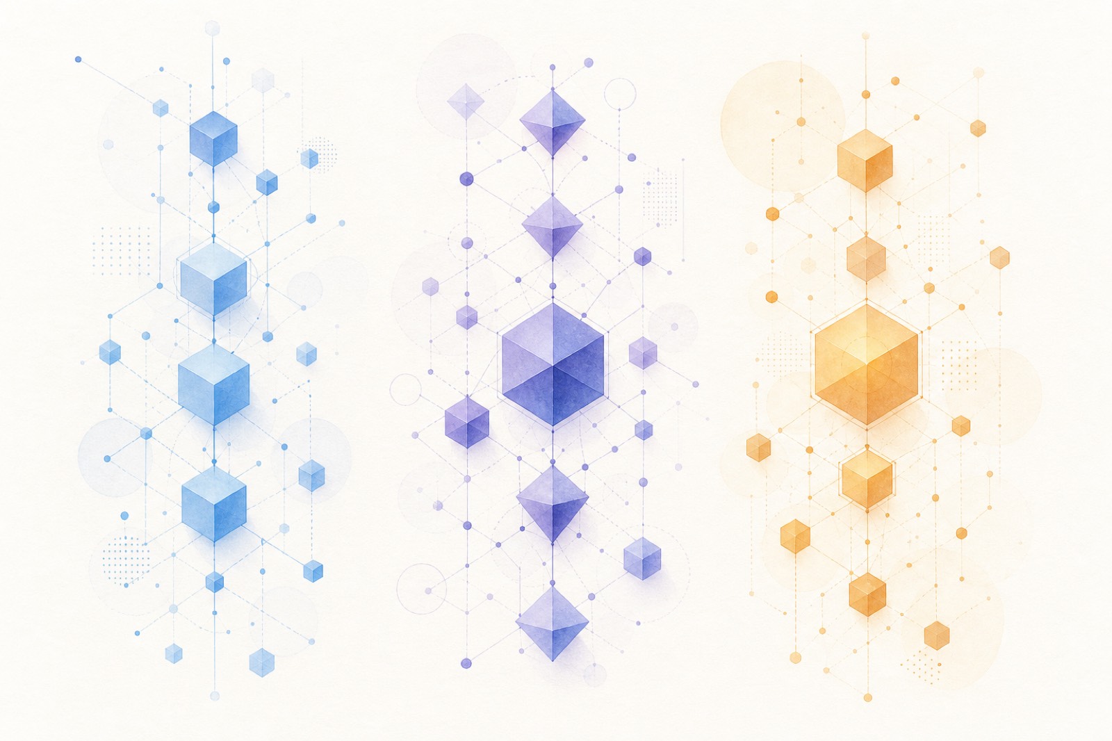 TRC20 ERC20 and BEP20 network chapters illustrated as three research columns